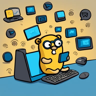 Go Blue Gopher is sitting at a control panel, managing a flurry of emails, SMS, and tweets depicted by icons swirling around the screens.