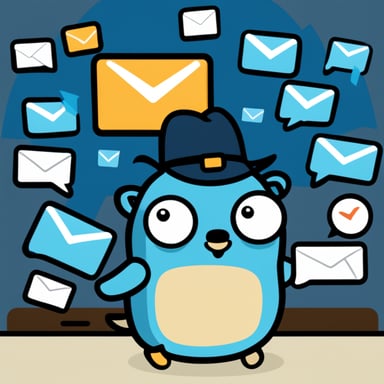 Go Blue Gopher is sitting at a control panel, managing a flurry of emails, SMS, and tweets depicted by icons swirling around the screens.