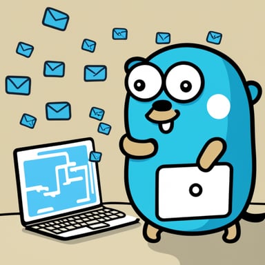 Go Blue Gopher is sitting at a control panel, managing a flurry of emails, SMS, and tweets depicted by icons swirling around the screens.