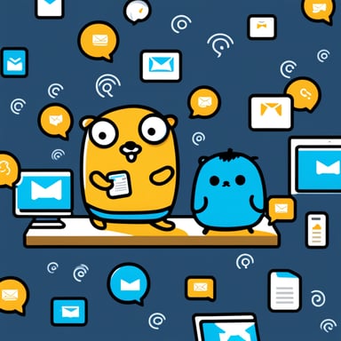 Go Blue Gopher is sitting at a control panel, managing a flurry of emails, SMS, and tweets depicted by icons swirling around the screens.
