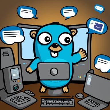 Go Blue Gopher is sitting at a control panel with screens showing email and SMS, and tweet icons flying all over it, managing communications like a boss.