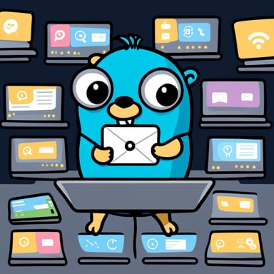 Go Blue Gopher is sitting at a control panel with screens showing email and SMS, and tweet icons flying all over it, managing communications like a boss.