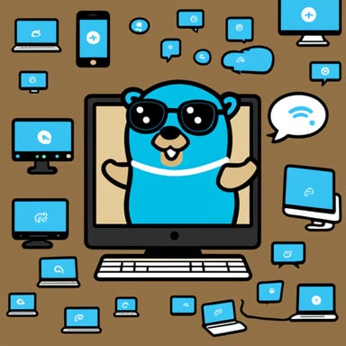 Go Blue Gopher is sitting at a control panel with screens showing email and SMS, and tweet icons flying all over it, managing communications like a boss.