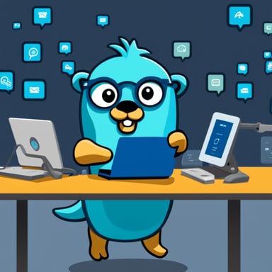Go Blue Gopher is sitting at a control panel with screens showing email and SMS, and tweet icons flying all over it, managing communications like a boss.