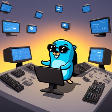 Go Blue Gopher is sitting at a control panel with screens showing email and SMS and tweet icons flying all over it.