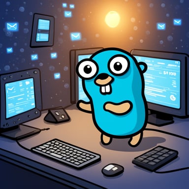 Go Blue Gopher is sitting at a control panel with screens showing email and SMS and tweet icons flying all over it.