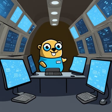 Go Blue Gopher is sitting at a control panel with screens showing email and SMS and tweet icons flying all over it.