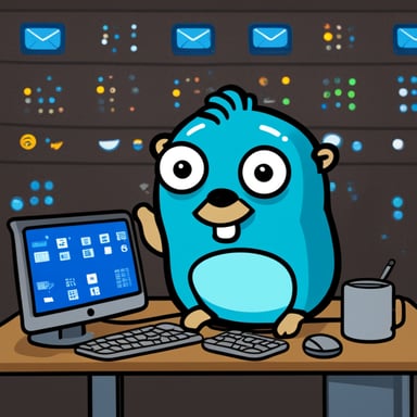 Go Blue Gopher is sitting at a control panel with screens showing email and SMS and tweet icons flying all over it.