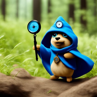 A go blue gopher enveloped in mystery, cloaked and holding a compass, embarking on a secret quest.