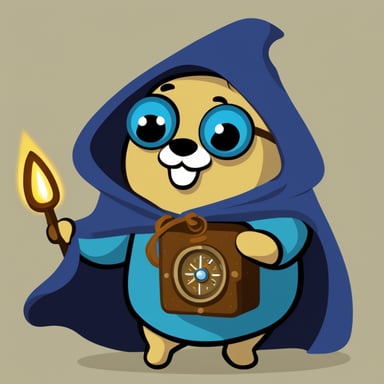 A go blue gopher enveloped in mystery, cloaked and holding a compass, embarking on a secret quest.