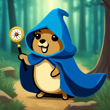 A go blue gopher enveloped in mystery, cloaked and holding a compass, embarking on a secret quest.