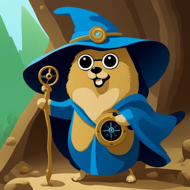 A go blue gopher enveloped in mystery, cloaked and holding a compass, embarking on a secret quest.