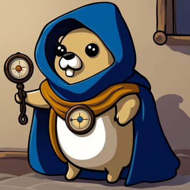 A go blue gopher enveloped in mystery, cloaked and holding a compass, embarking on a secret quest.