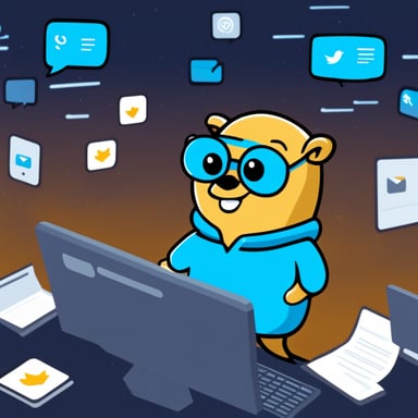 Go Blue Gopher is sitting at a control panel with screens showing email and SMS and tweet icons flying all over it.