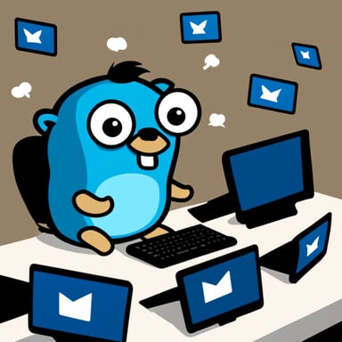 Go Blue Gopher is sitting at a control panel with screens showing email and SMS and tweet icons flying all over it.