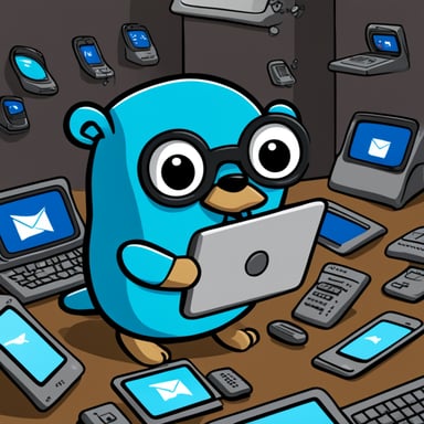 Go Blue Gopher is sitting at a control panel with screens showing email and SMS and tweet icons flying all over it.