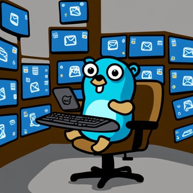 Go Blue Gopher is sitting at a control panel with screens showing email and SMS and tweet icons flying all over it.