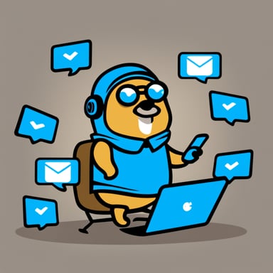 Go Blue Gopher is sitting at a control panel with screens showing email and SMS and tweet icons flying all over it.