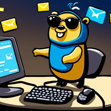 Go Blue Gopher is sitting at a control panel with screens showing email and SMS and tweet icons flying all over it.