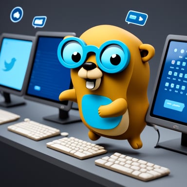 Go Blue Gopher is sitting at a control panel with screens showing email and SMS and tweet icons flying all over it.