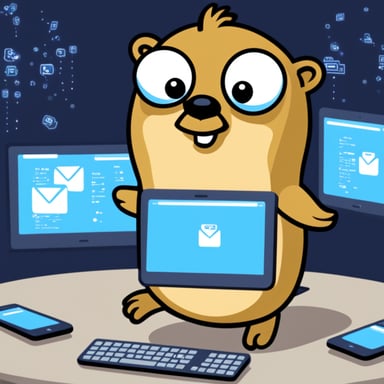 Go Blue Gopher is sitting at a control panel with screens showing email and SMS and tweet icons flying all over it.