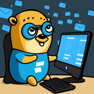 Go Blue Gopher is sitting at a control panel with screens showing email and SMS and tweet icons flying all over it.