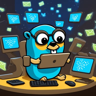 Go Blue Gopher is sitting at a control panel with screens showing email and SMS and tweet icons flying all over it.