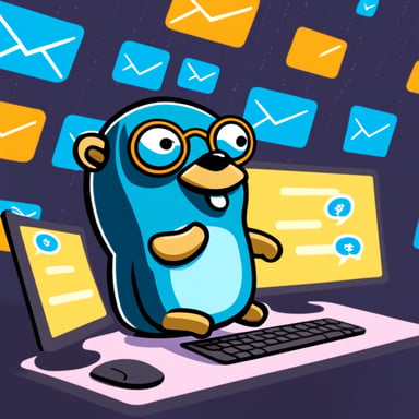 Go Blue Gopher is sitting at a control panel with screens showing email and SMS and tweet icons flying all over it.