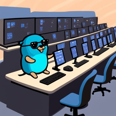 Go Blue Gopher is sitting at a control panel with screens showing email and SMS and tweet icons flying all over it.