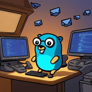 Go Blue Gopher is sitting at a control panel with screens showing email and SMS and tweet icons flying all over it.