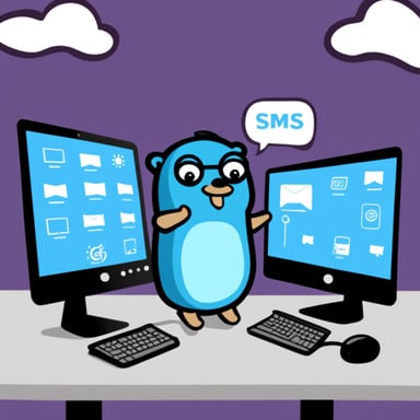 Go Blue Gopher is sitting at a control panel with screens showing email and SMS and tweet icons flying all over it.