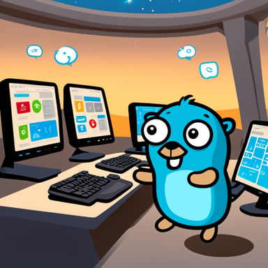 Go Blue Gopher is sitting at a control panel with screens showing email and SMS and tweet icons flying all over it.