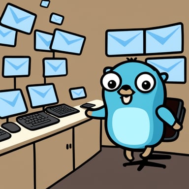 Go Blue Gopher is sitting at a control panel with screens showing email and SMS and tweet icons flying all over it.