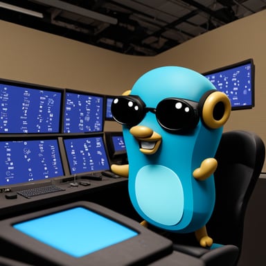 Go Blue Gopher is sitting at a control panel with screens showing email and SMS and tweet icons flying all over it.