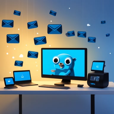 Go Blue Gopher is sitting at a control panel with screens showing email and SMS and tweet icons flying all over it.