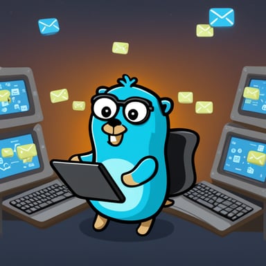 Go Blue Gopher is sitting at a control panel with screens showing email and SMS and tweet icons flying all over it.
