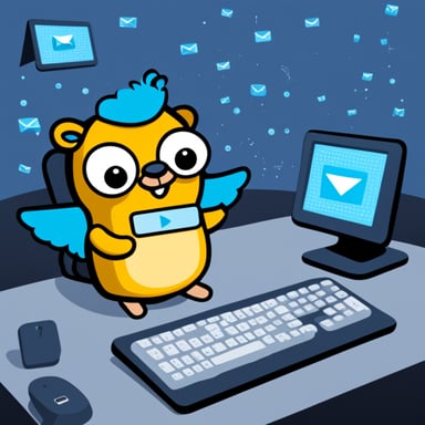 Go Blue Gopher is sitting at a control panel with screens showing email and SMS and tweet icons flying all over it.