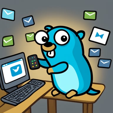 Go Blue Gopher is sitting at a control panel with screens showing email and SMS and tweet icons flying all over it.
