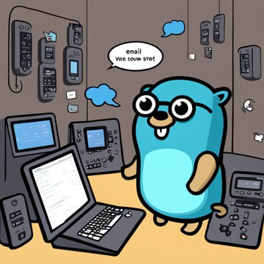 Go Blue Gopher is sitting at a control panel with screens showing email and SMS and tweet and @ icons flying all over it.