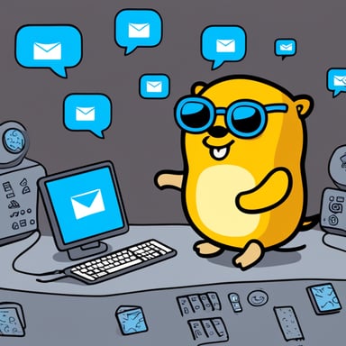 Go Blue Gopher is sitting at a control panel with screens showing email and SMS and tweet and @ icons flying all over it.