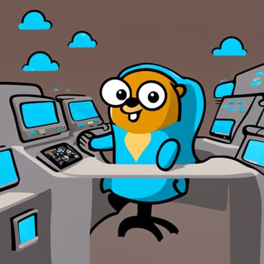 Go Blue Gopher is sitting at a control panel with screens showing email and SMS and tweet icons flying all over it.