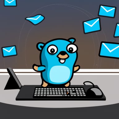 Go Blue Gopher is sitting at a control panel with screens showing email and SMS and tweet icons flying all over it.