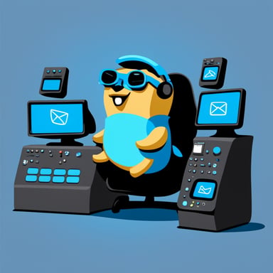 Go Blue Gopher is sitting at a control panel with screens showing email and SMS and tweet icons flying all over it.