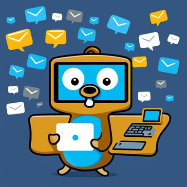 Go Blue Gopher is sitting at a control panel with screens showing email and SMS and tweet icons flying all over it.