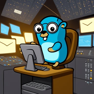 Go Blue Gopher is sitting at a control panel with screens showing email and SMS and tweet icons flying all over it.