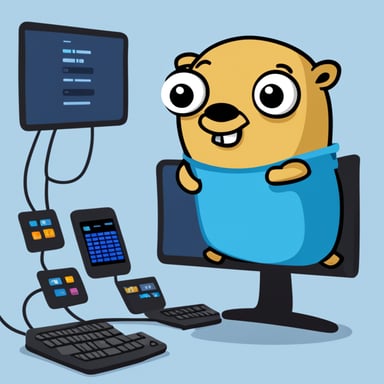 Go Blue Gopher is sitting at a control panel with screens showing email and SMS and tweet icons flying all over it.