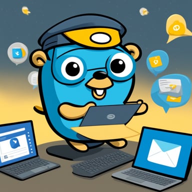Go Blue Gopher is sitting at a control panel with screens showing email and SMS and tweet icons flying all over it.