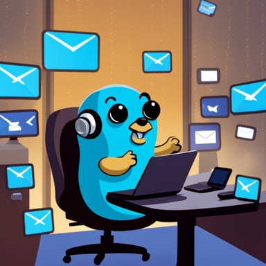 Go Blue Gopher is sitting at a control panel with screens showing email and SMS and tweet icons flying all over it.