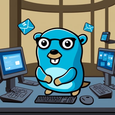 Go Blue Gopher is sitting at a control panel with screens showing email and SMS and tweet icons flying all over it.
