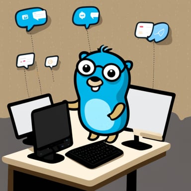 Go Blue Gopher is sitting at a control panel with screens showing email and SMS and tweet icons flying all over it.